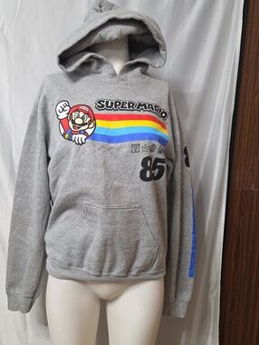 Nintendo Gray Super Mario Hoodie with Rainbow Chest Stripe Small Sz